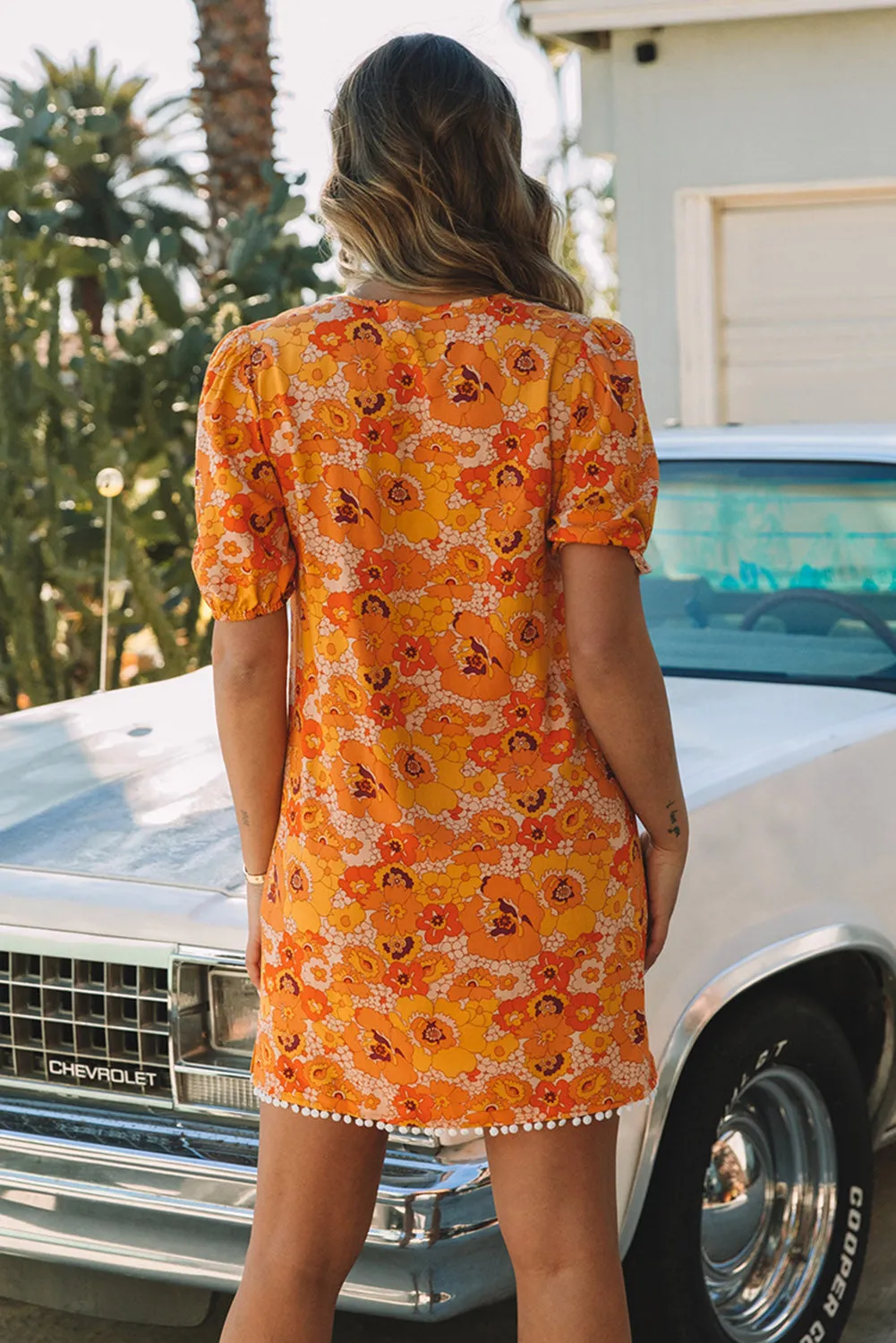 Yellow Puff Sleeve Floral Dress with Pompom Trim