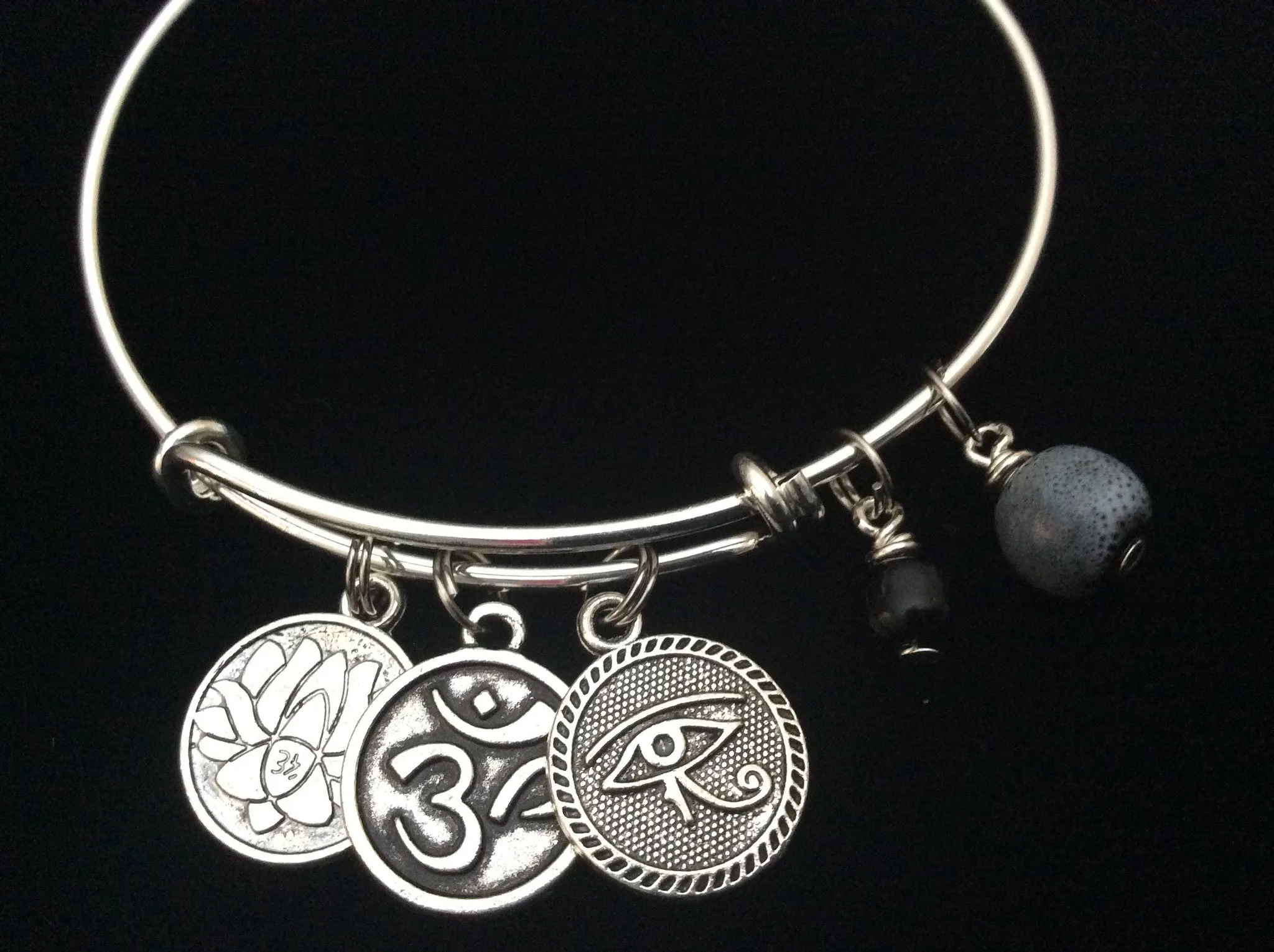 Yoga Inspired Silver Adjustable Bangle Expandable Charm Bracelet Om Evil Eye of Protection Lotus